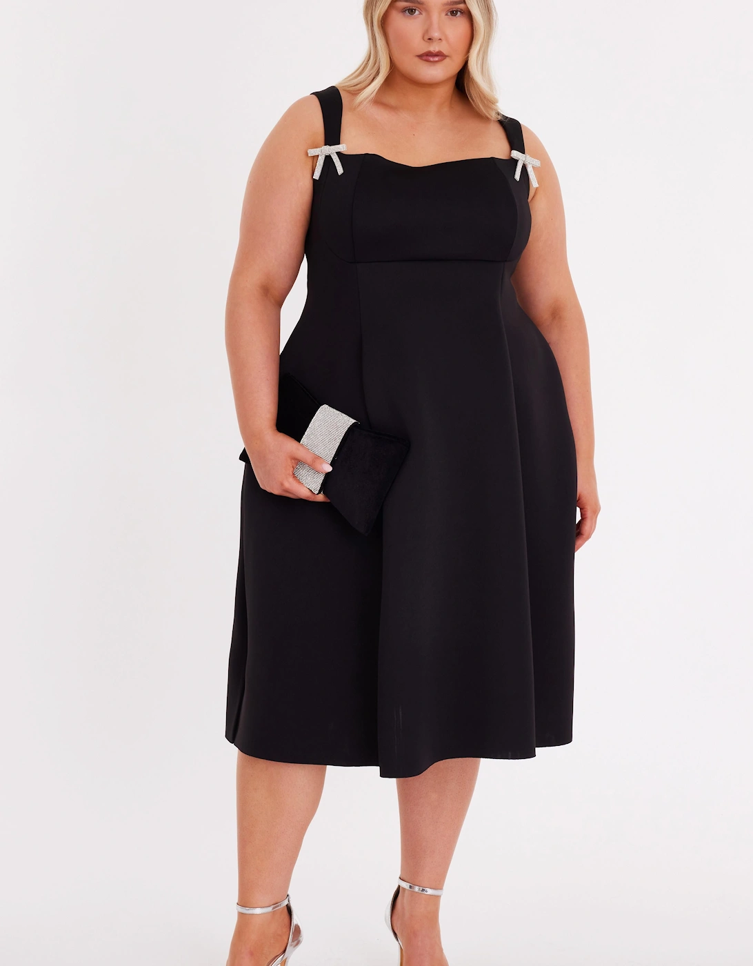 Black Curve Diamante Bow Midi Dress, 2 of 1