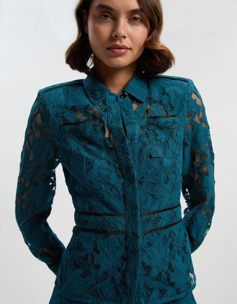 Tipped Corded Lace Pocket Detail Woven Top