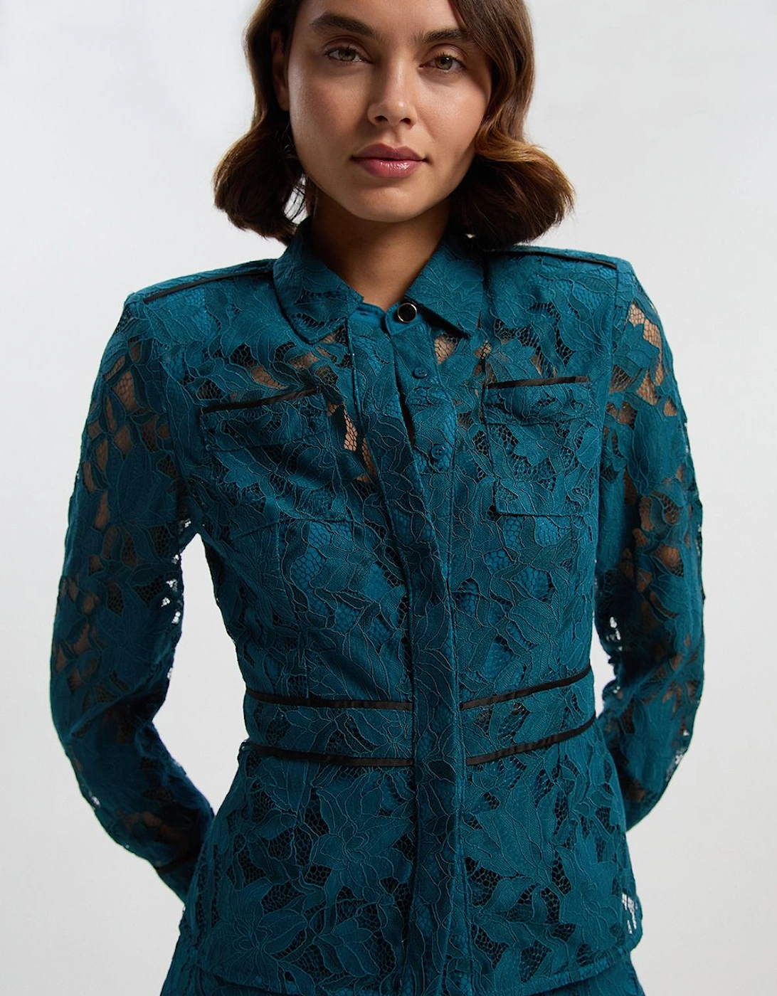 Tipped Corded Lace Pocket Detail Woven Top, 2 of 1