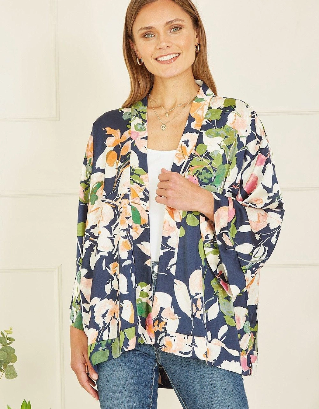 Navy Blossom Print Satin Kimono, 2 of 1