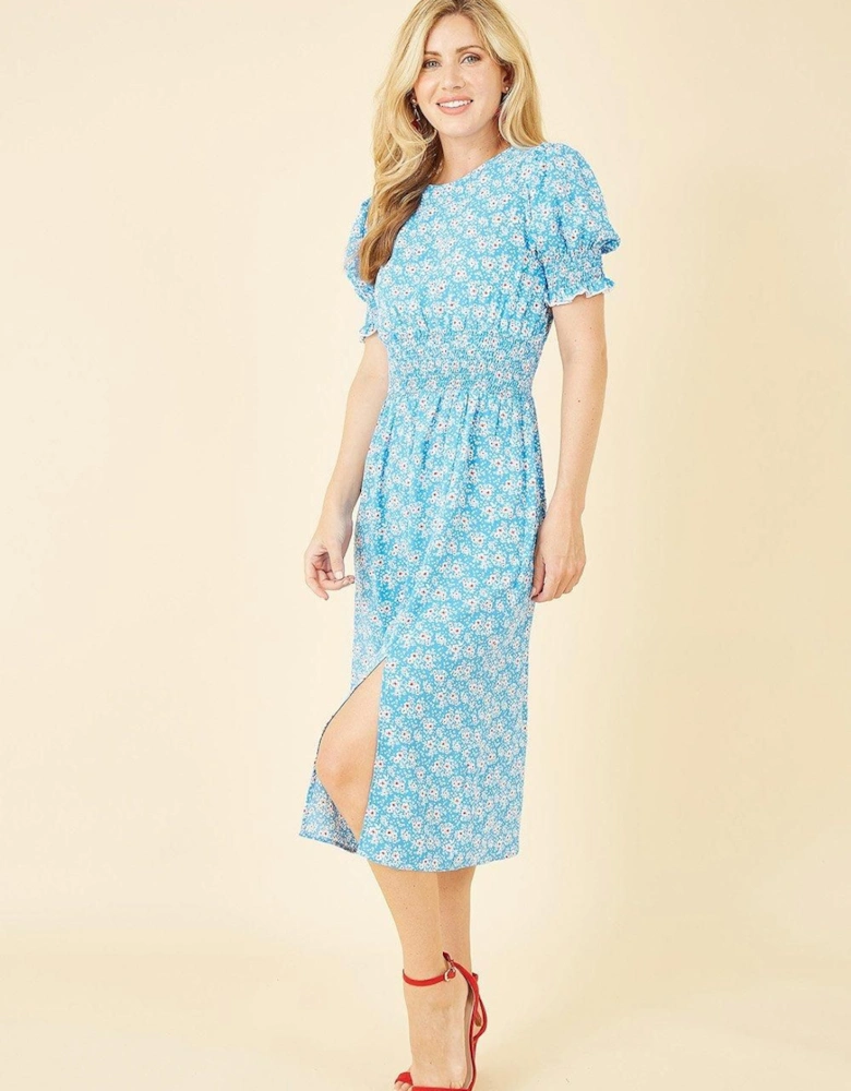 Blue Floral Print Shirred Waist Midi Dress