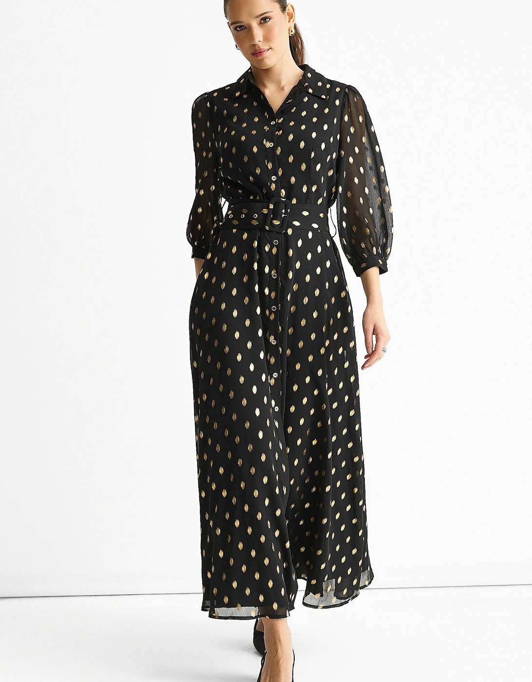 Black Chiffon Foil Belted Maxi Shirt Dress, 2 of 1