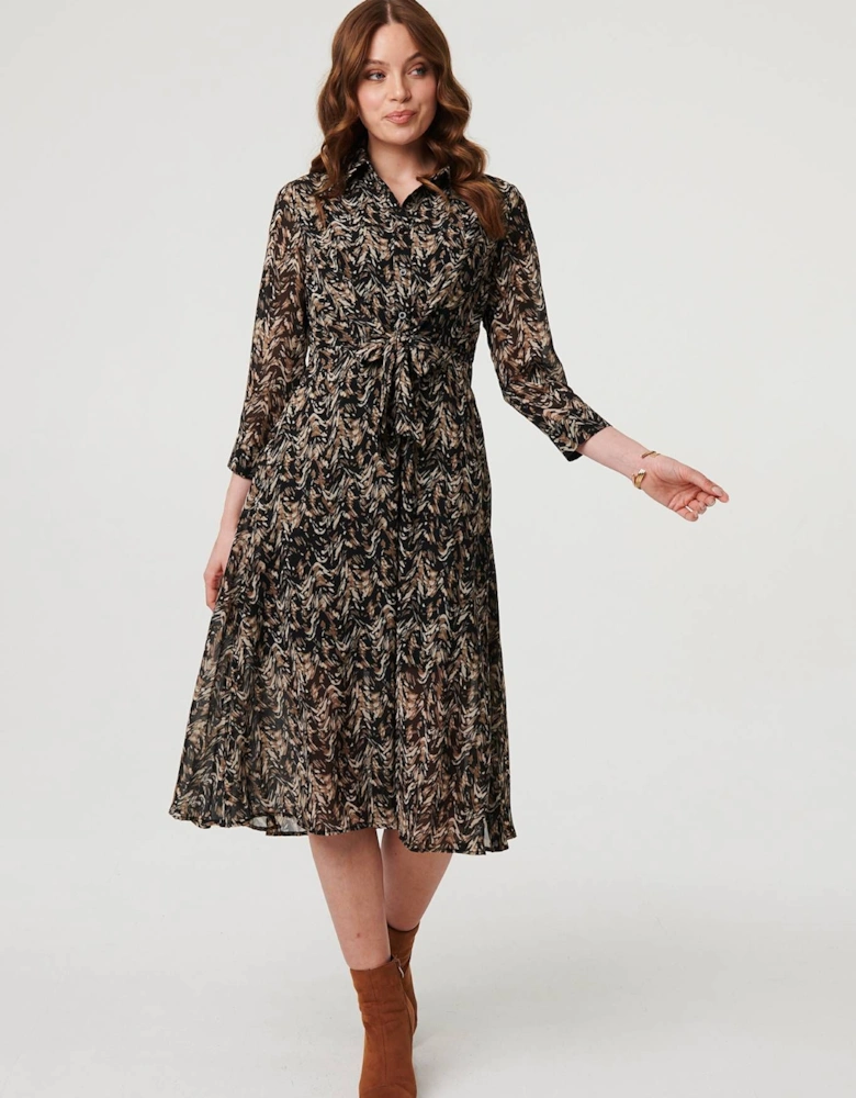 Abstract Tie Waist Shirt Midi Dress