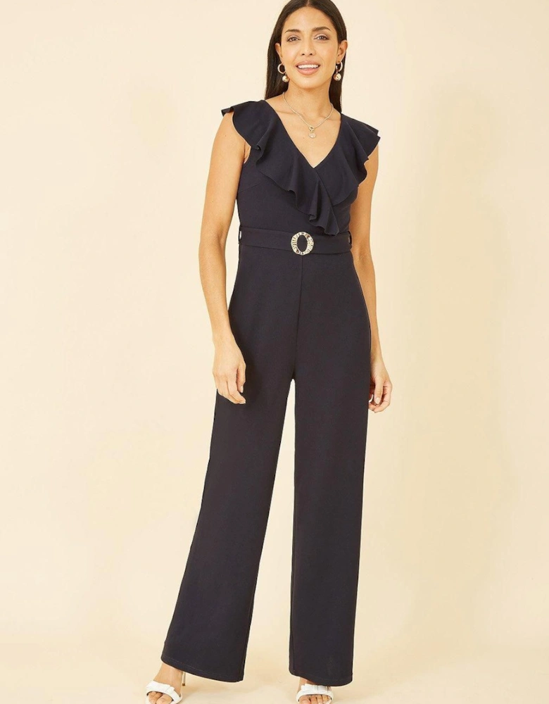 Navy Jumpsuit With Gold Buckle and Frill Detail