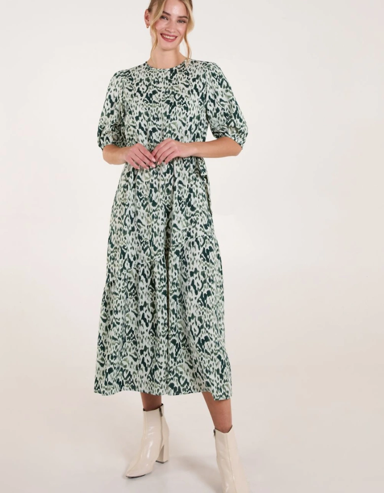 Abstract Elasticated Tie Waist Midi Dress