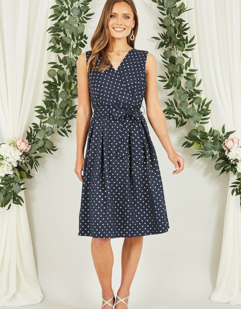 Navy Spot Wrap Over Skater Dress