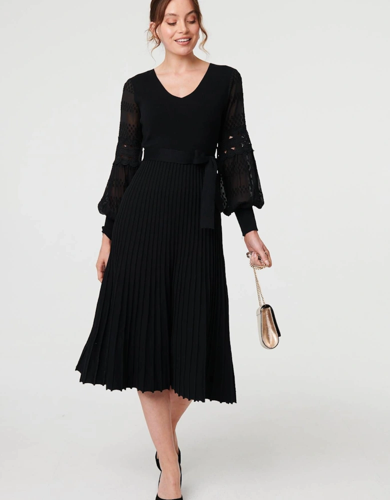 Pleated Lace Puff Sleeve Midi Dress