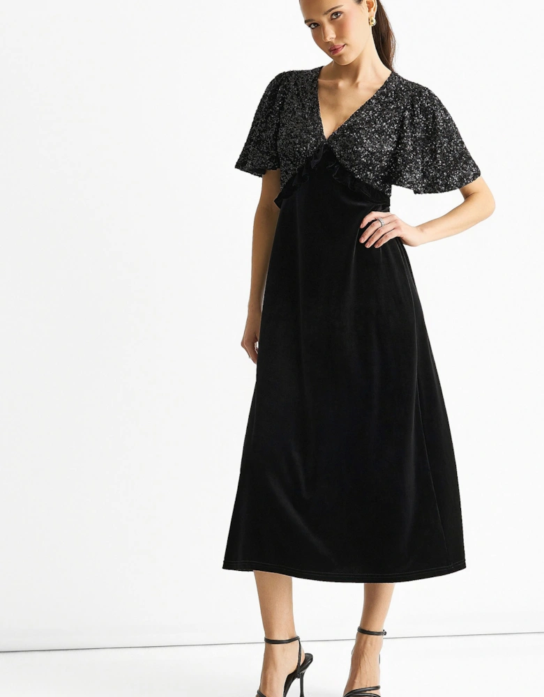 Black Sequin Top Premium Velvet Occasion Midi Dress