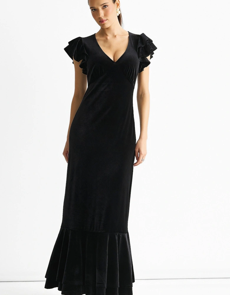 Black V Neck Ruffle Sleeves Velvet Occasion Maxi Dress