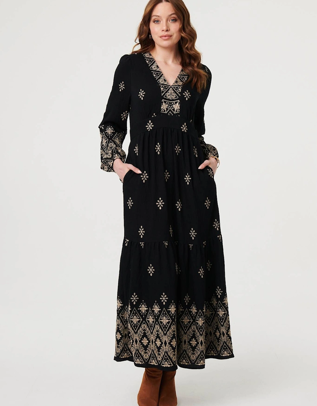 Border Print Long Sleeve Maxi Dress, 2 of 1