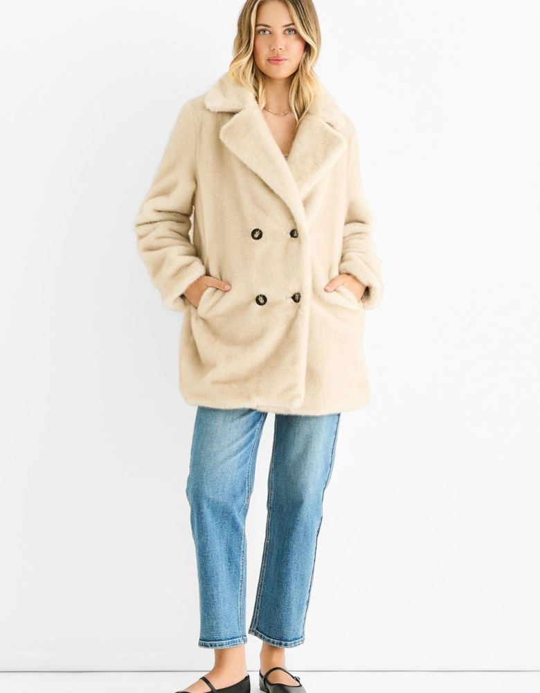 Beige Faux Fur Double Breasted Longline Jacket
