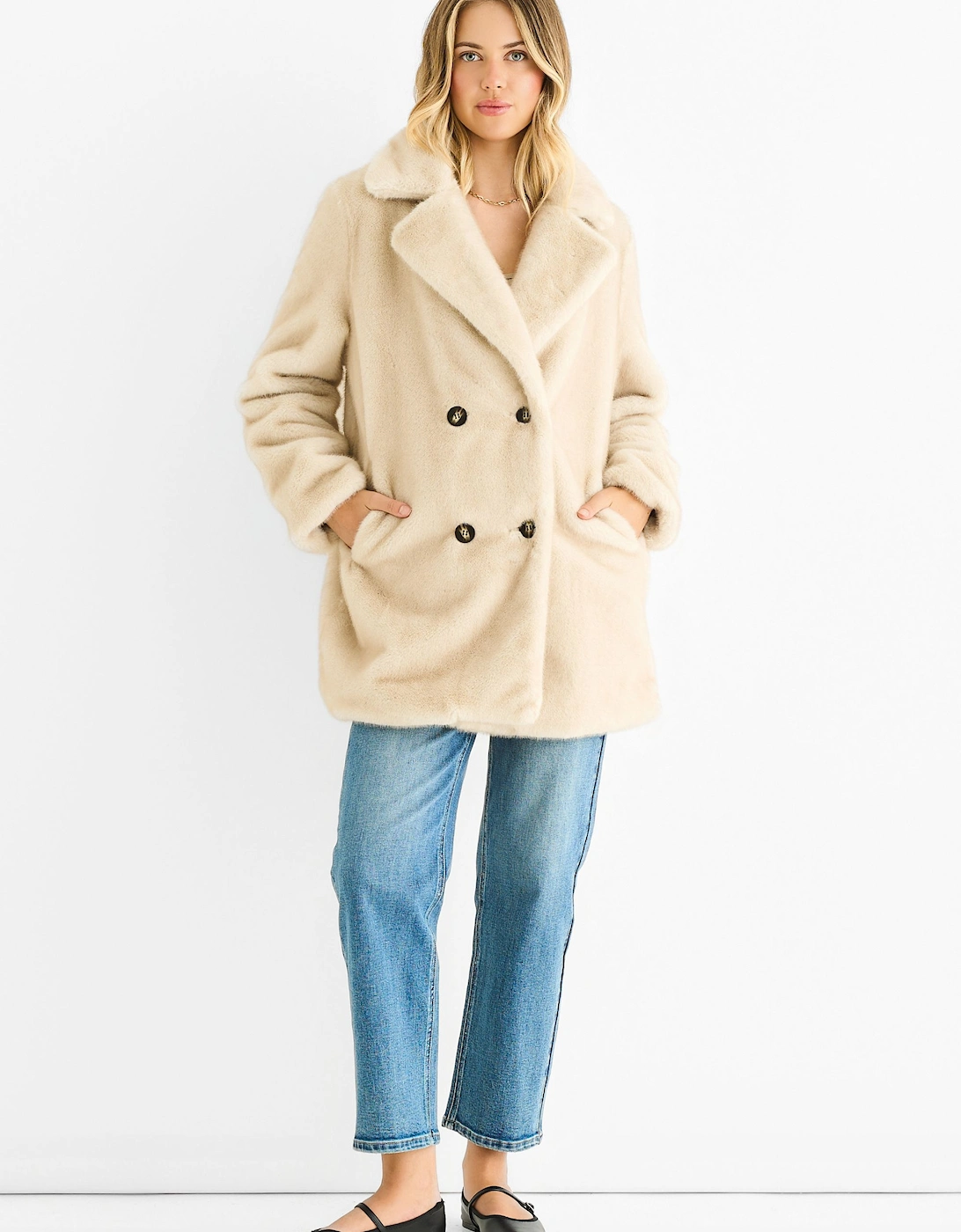 Beige Faux Fur Double Breasted Longline Jacket, 2 of 1
