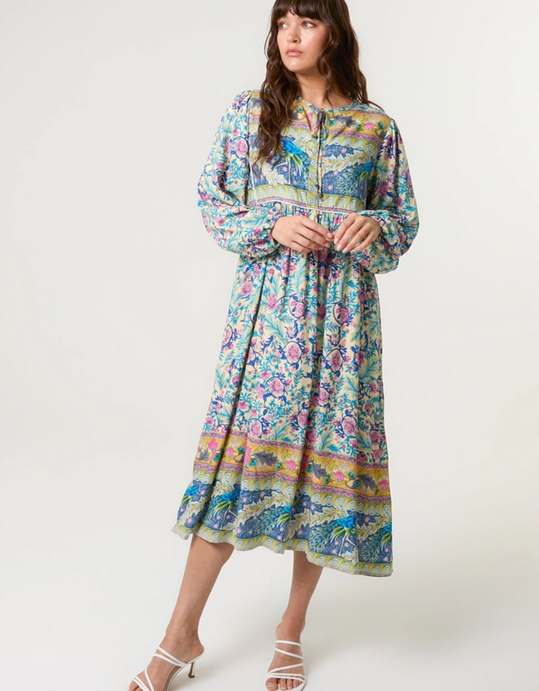 Multi Printed Tie Front Midi Dress