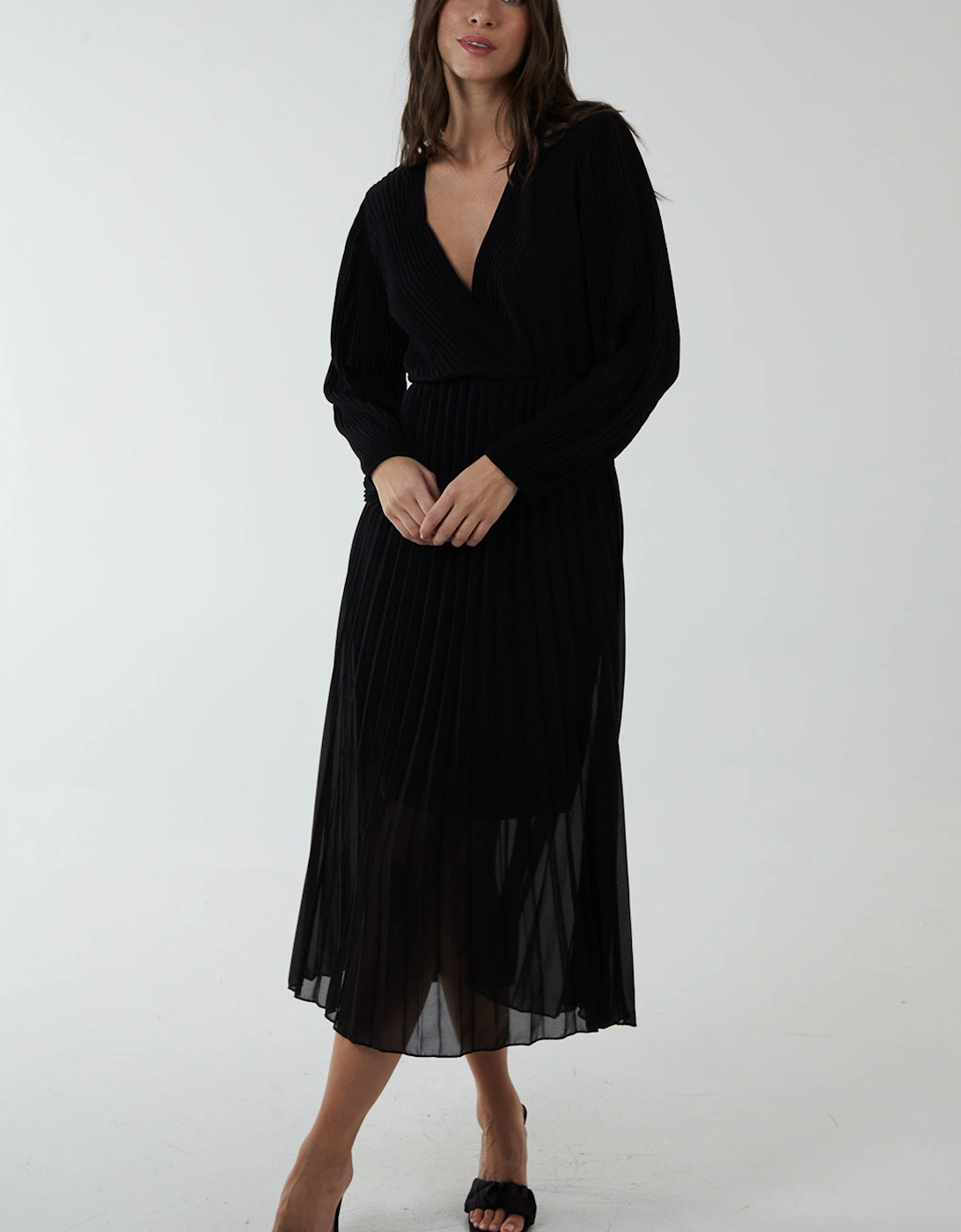 Black Wrap Front Pleated Midi Dress, 2 of 1