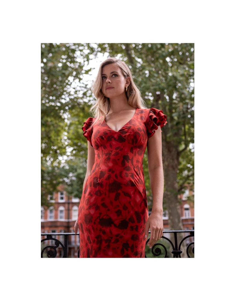 Red V Neck Floral Print Ruffle Maxi Dress