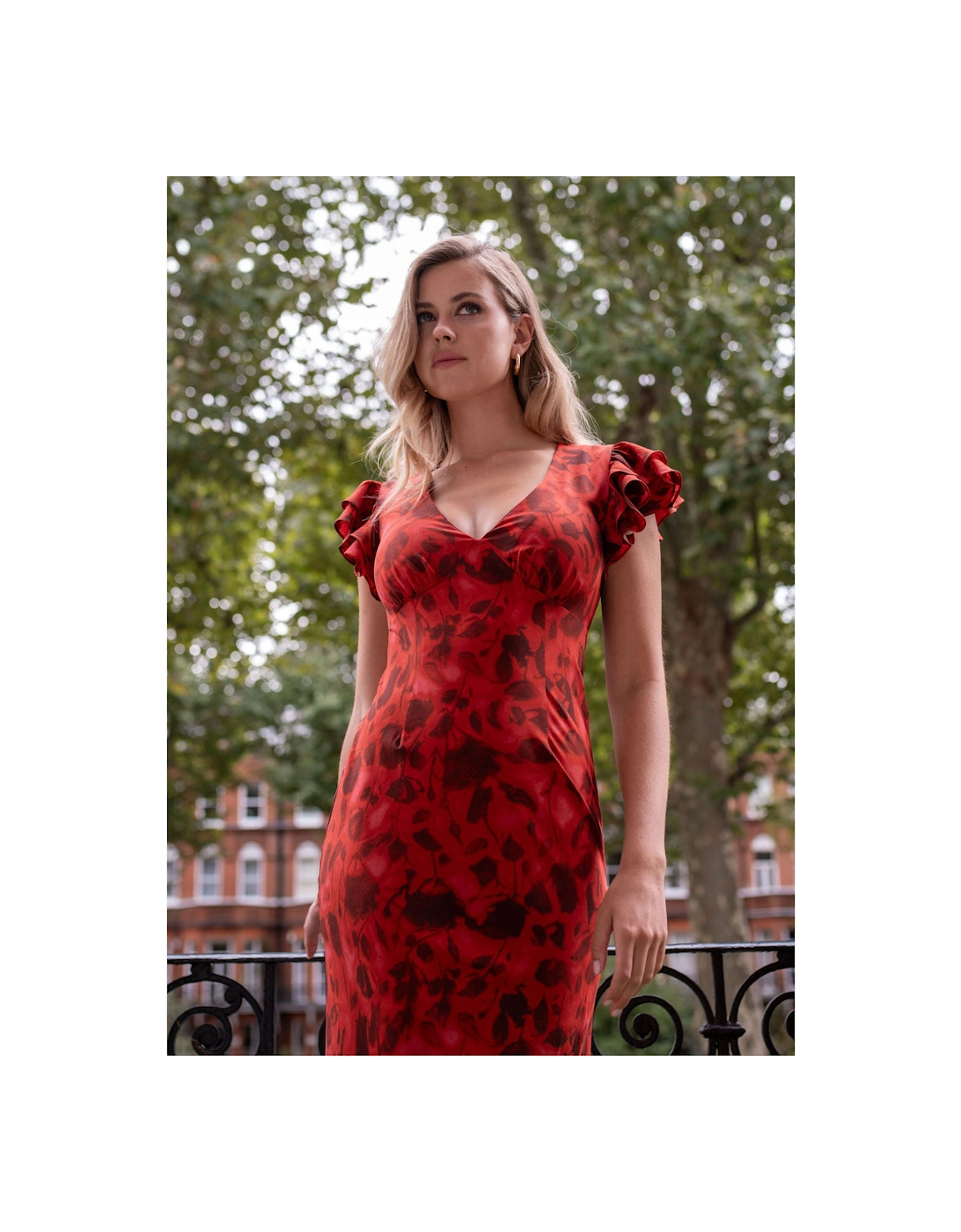 Red V Neck Floral Print Ruffle Maxi Dress