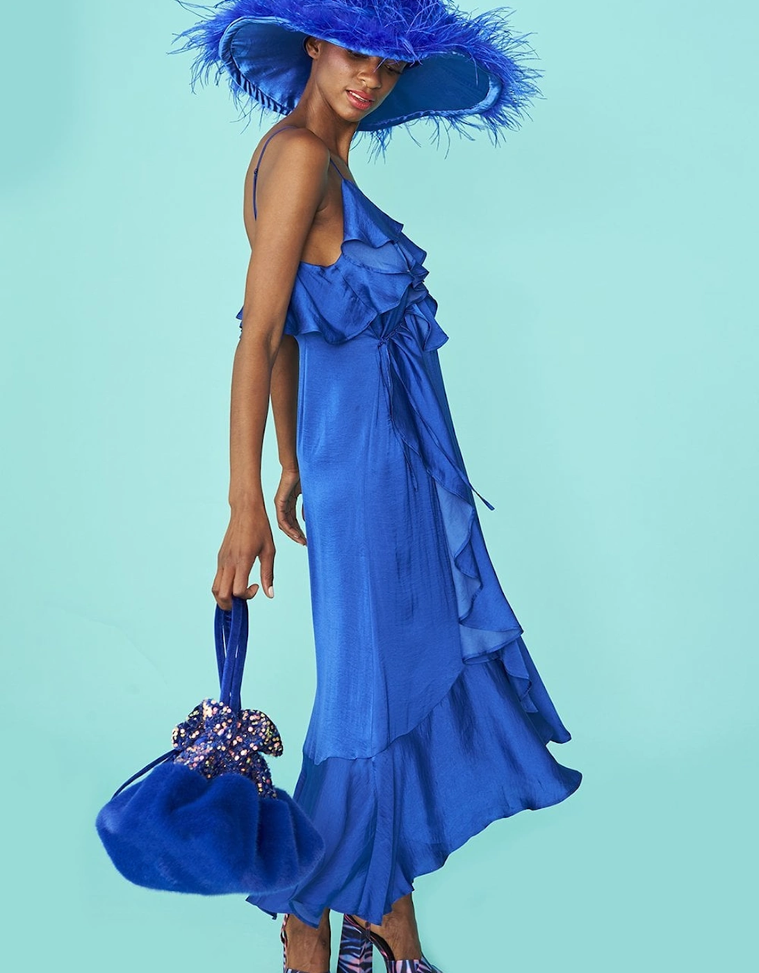 Blue Silk Blend Maxi Ruffle Dress