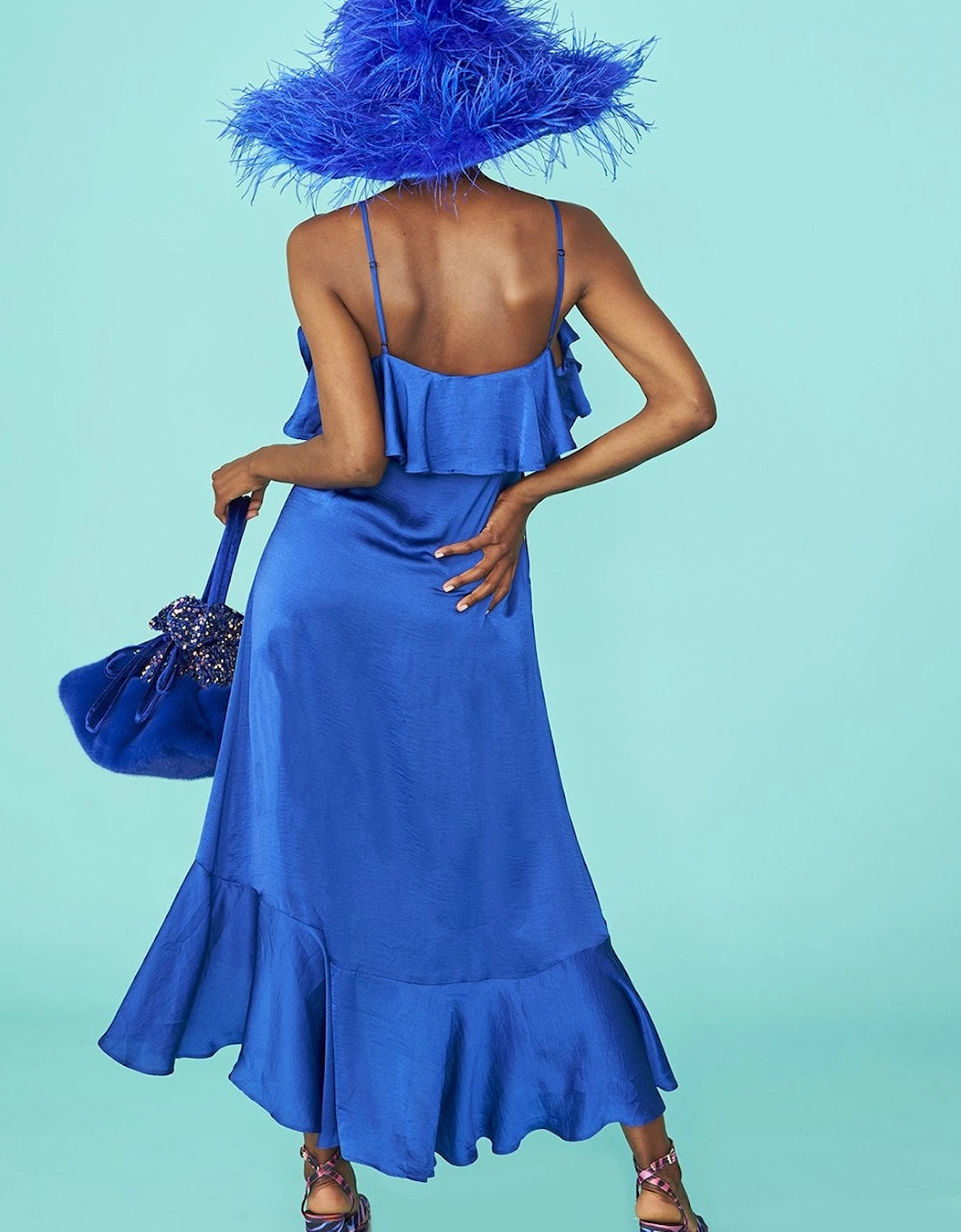 Blue Silk Blend Maxi Ruffle Dress