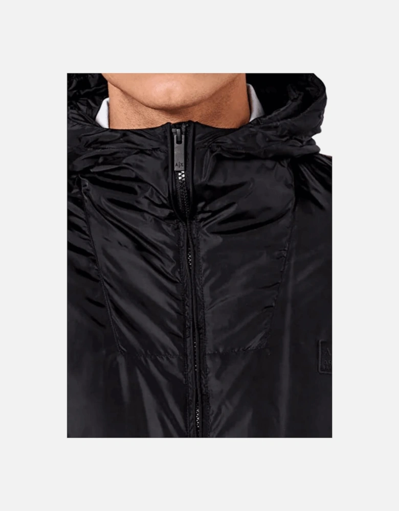 Nylon Zip Up Hooded Black Puffer Jacket