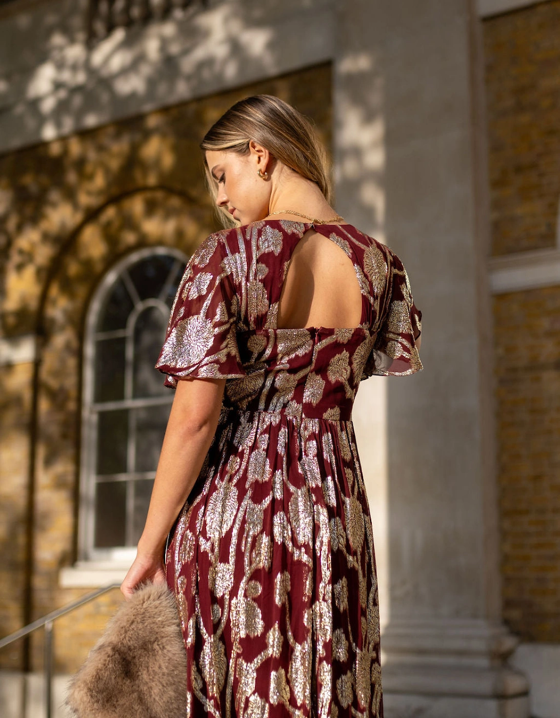 Burgundy Metallic Jacquard Flutter Sleeves Floral Maxi Dress