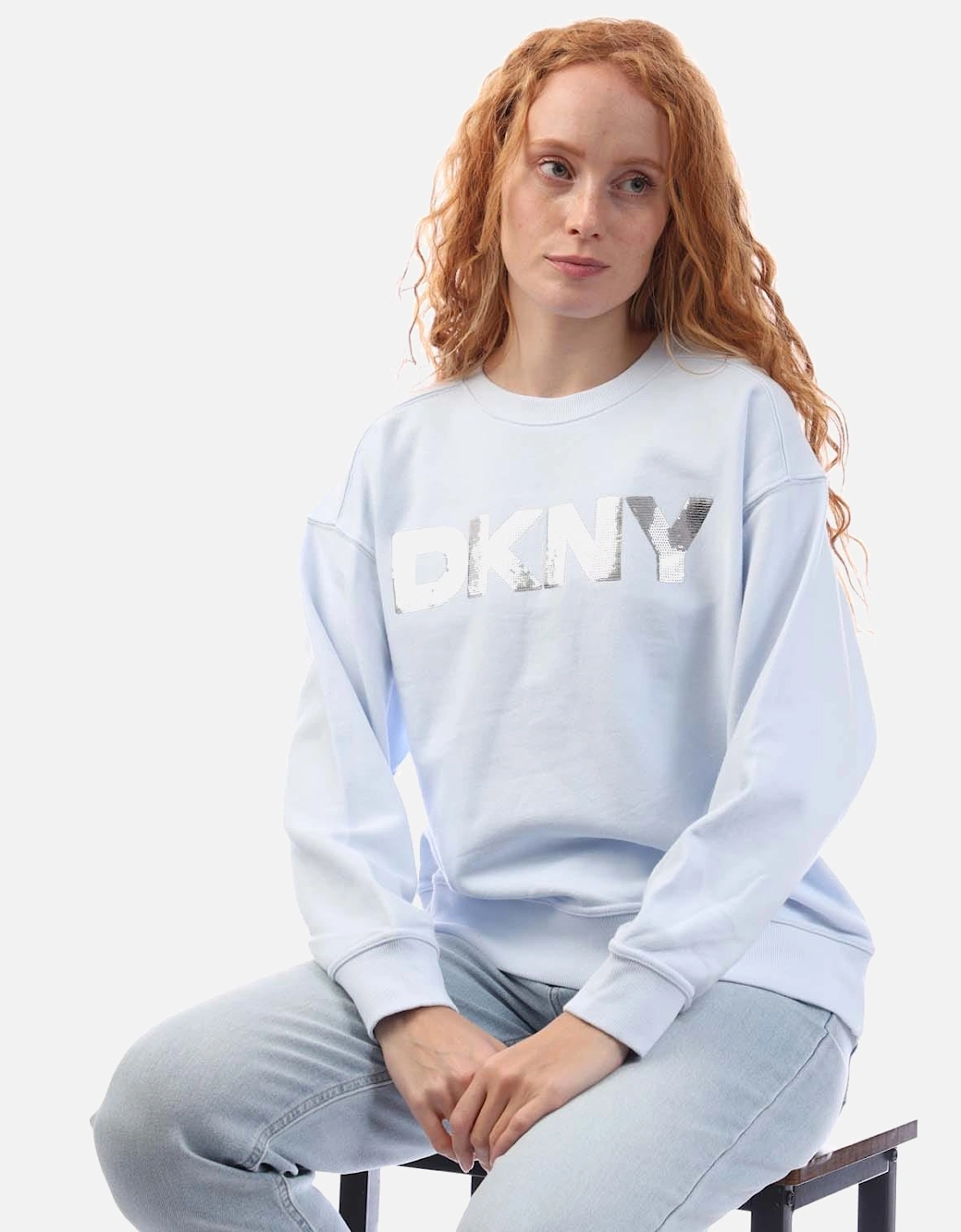 DKNY Women's Sequin Logo Sweatshirt - Silver - Size: 10/8