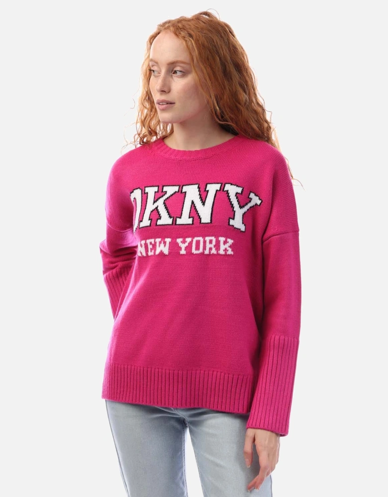 Varsity Logo Intarsia Crew Neck Knit Sweater