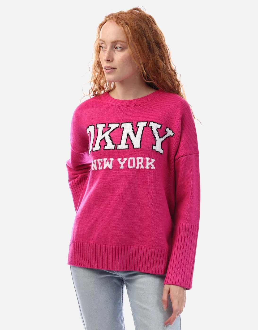 DKNY Women's Varsity Logo Intarsia Crew Neck Knit Sweater - Pink - Size: 6