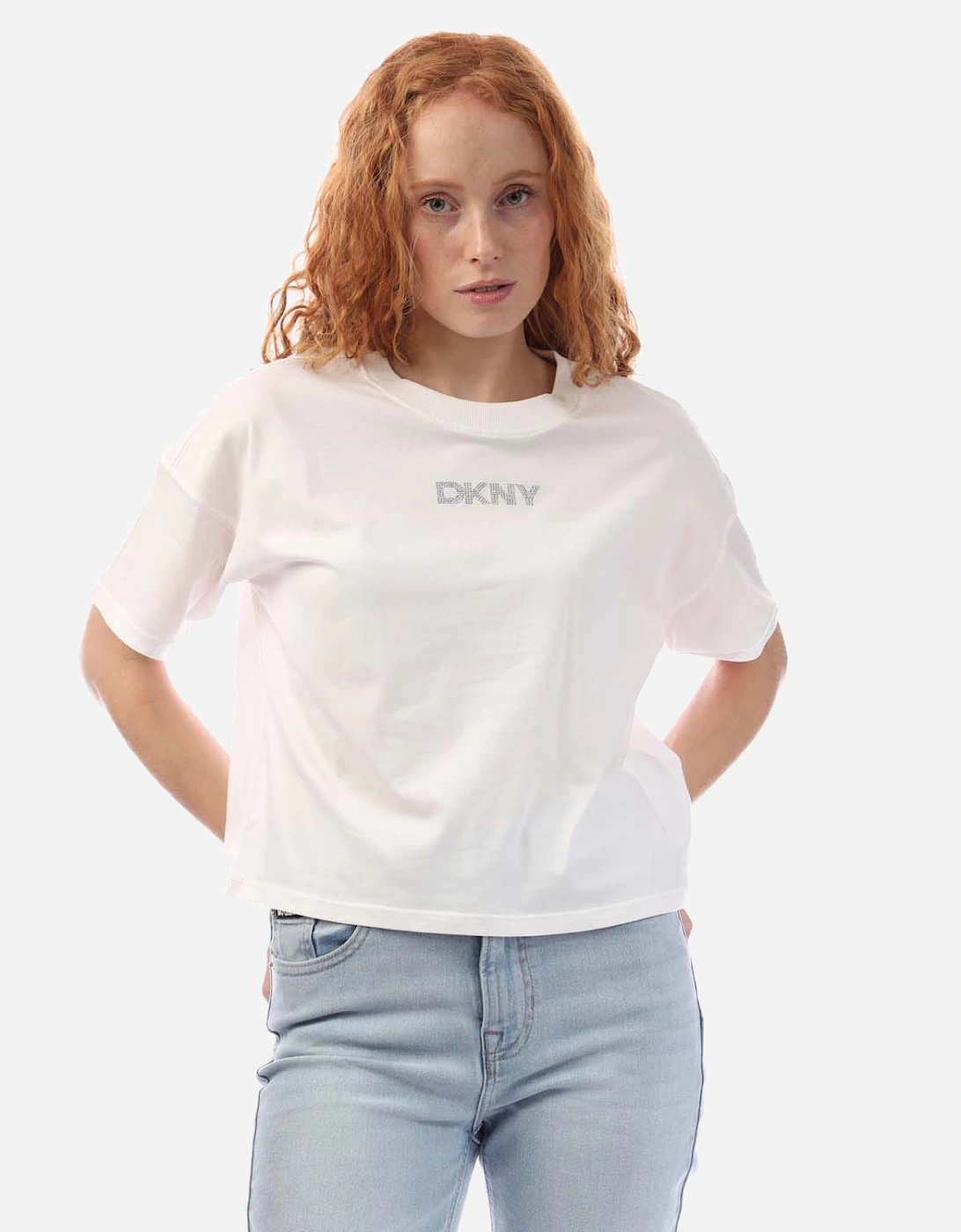 DKNY Women's Rhinestone Logo Crop Ss T-Shirt - Purple - Size: 4