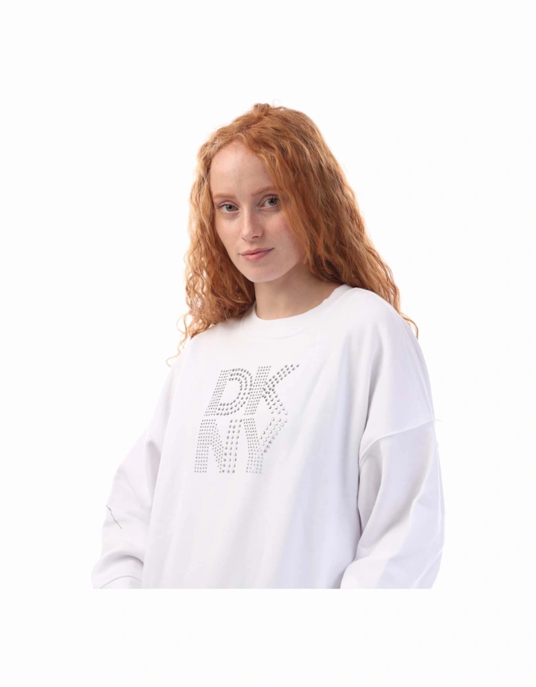 Mixed Rhinestone Stud Logo Crew Sweat Shirt