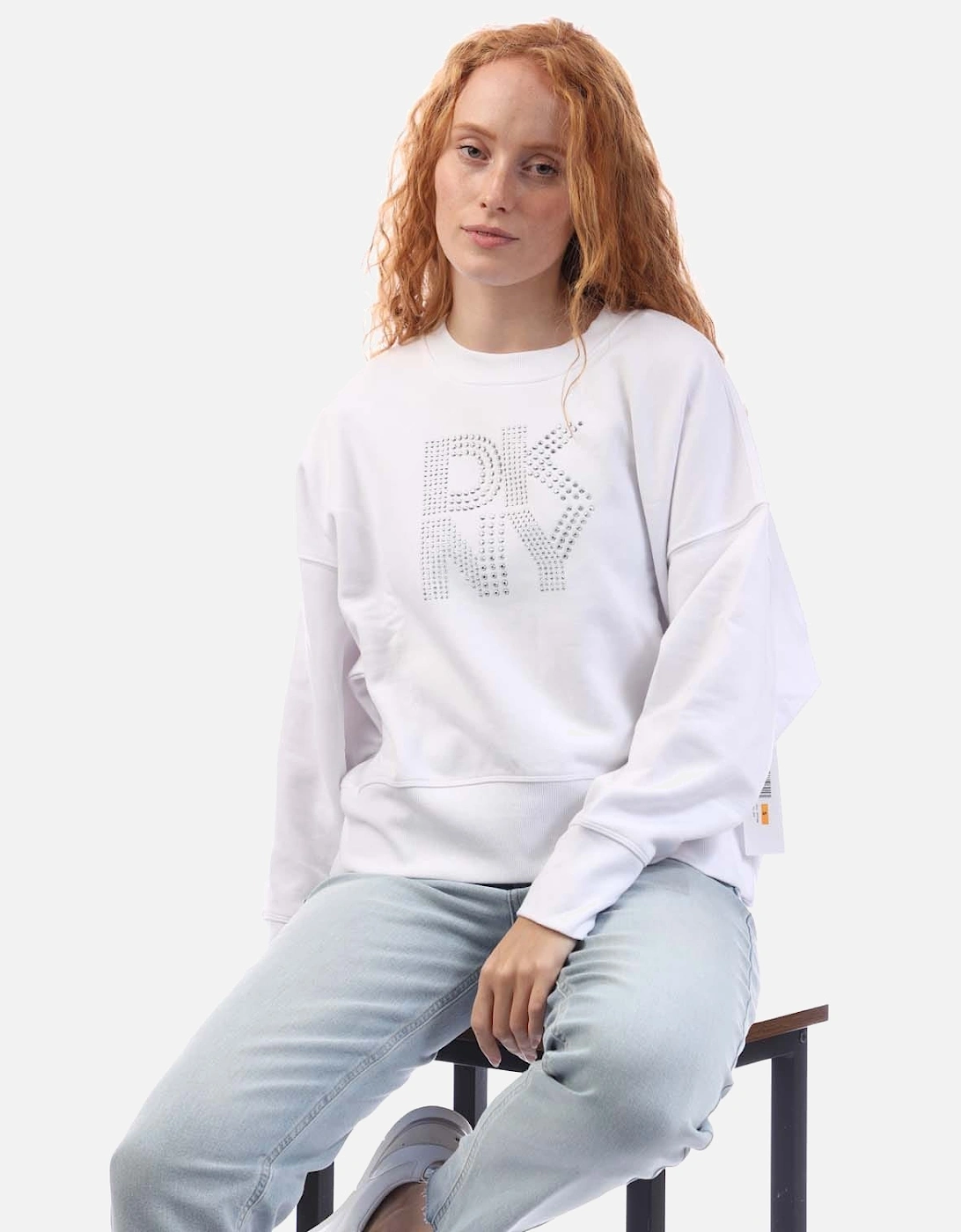 Mixed Rhinestone Stud Logo Crew Sweat Shirt