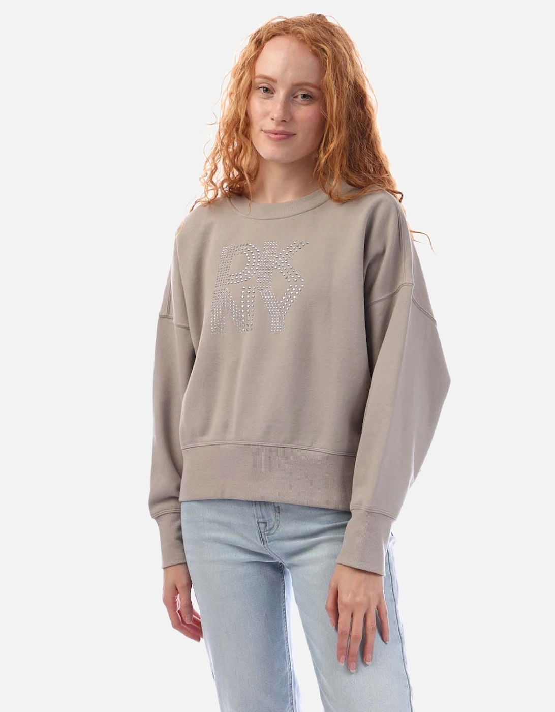 Mixed Rhinestone Stud Logo Crew Sweat Shirt, 5 of 4