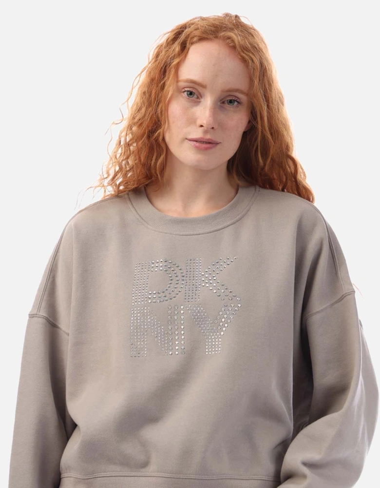 Mixed Rhinestone Stud Logo Crew Sweat Shirt