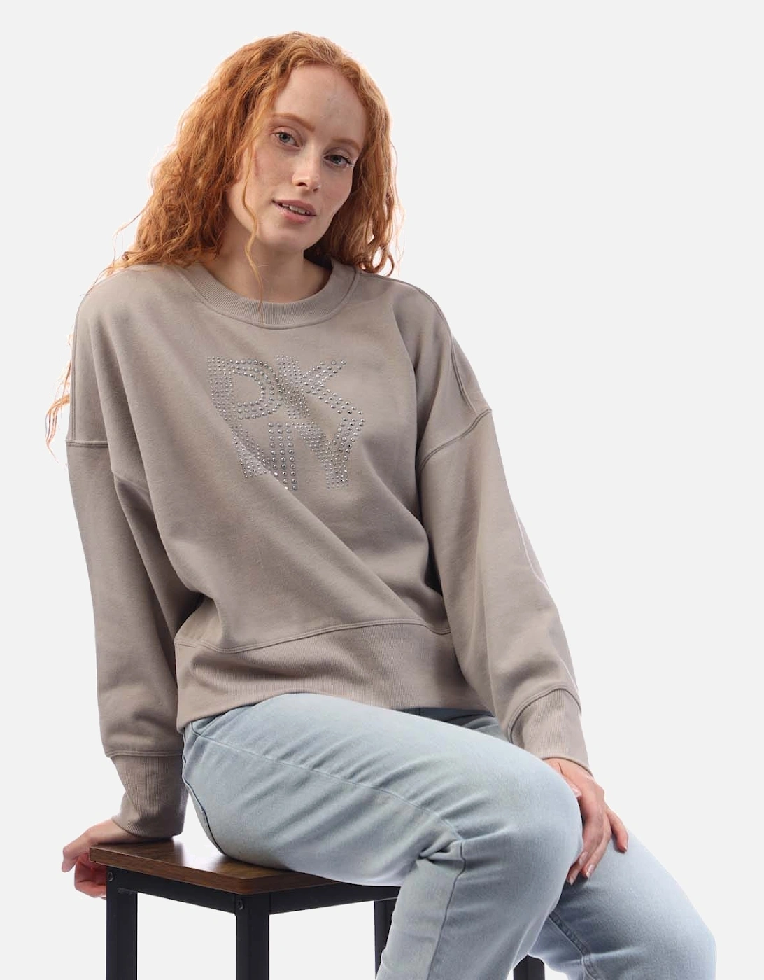Mixed Rhinestone Stud Logo Crew Sweat Shirt