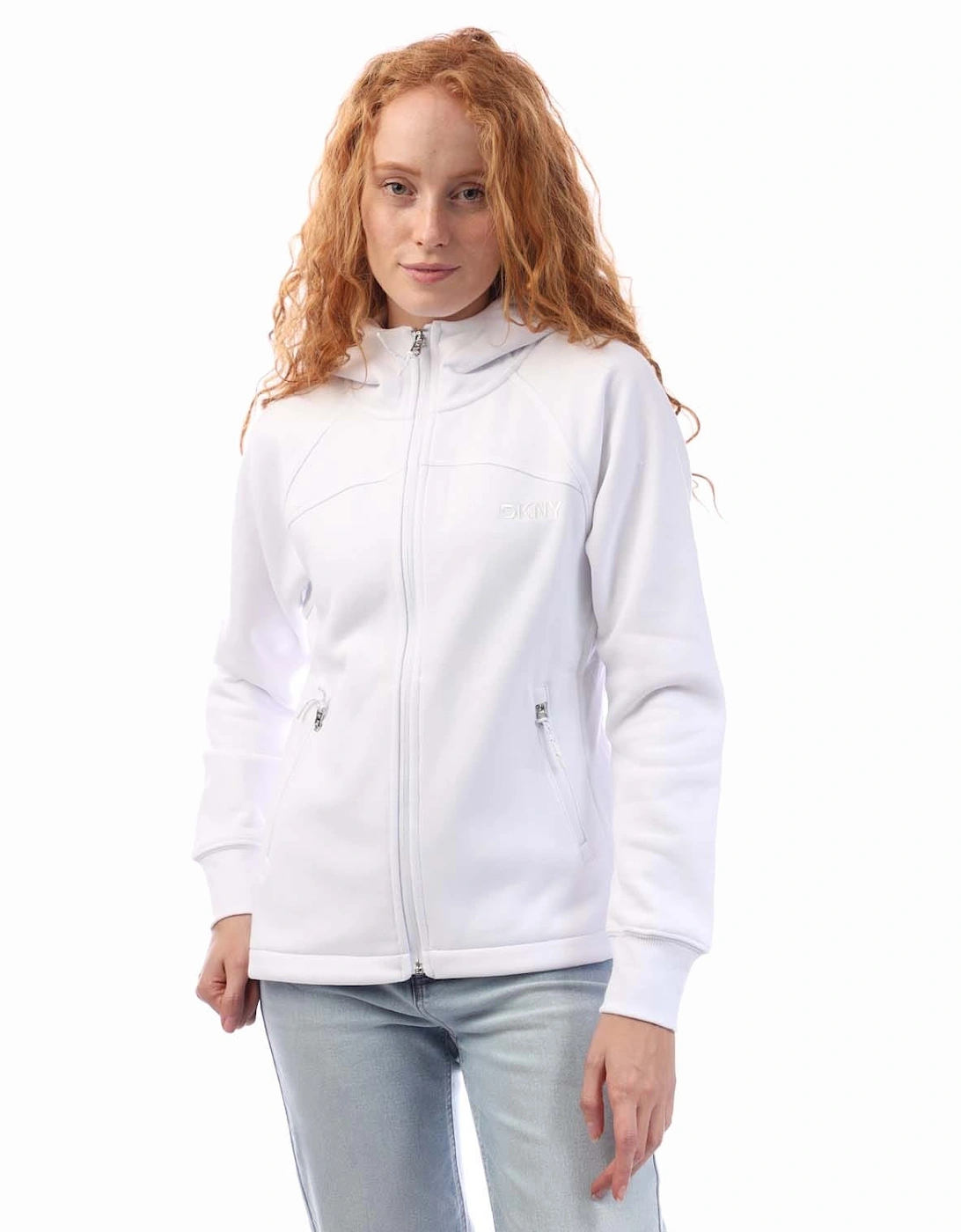 DKNY Women's Embellished Logo Fitted Hooded Sweatshirt - White - Size: 14