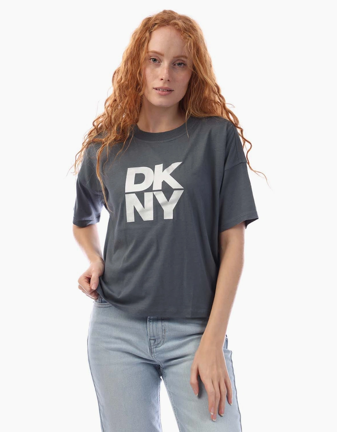DKNY Women's Foil Logo Cropped T-Shirt - Silver - Size: 18/16