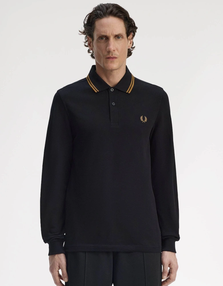 Mens Long Sleeve Twin Tipped Polo Shirt - Black/Shaded Stone S77