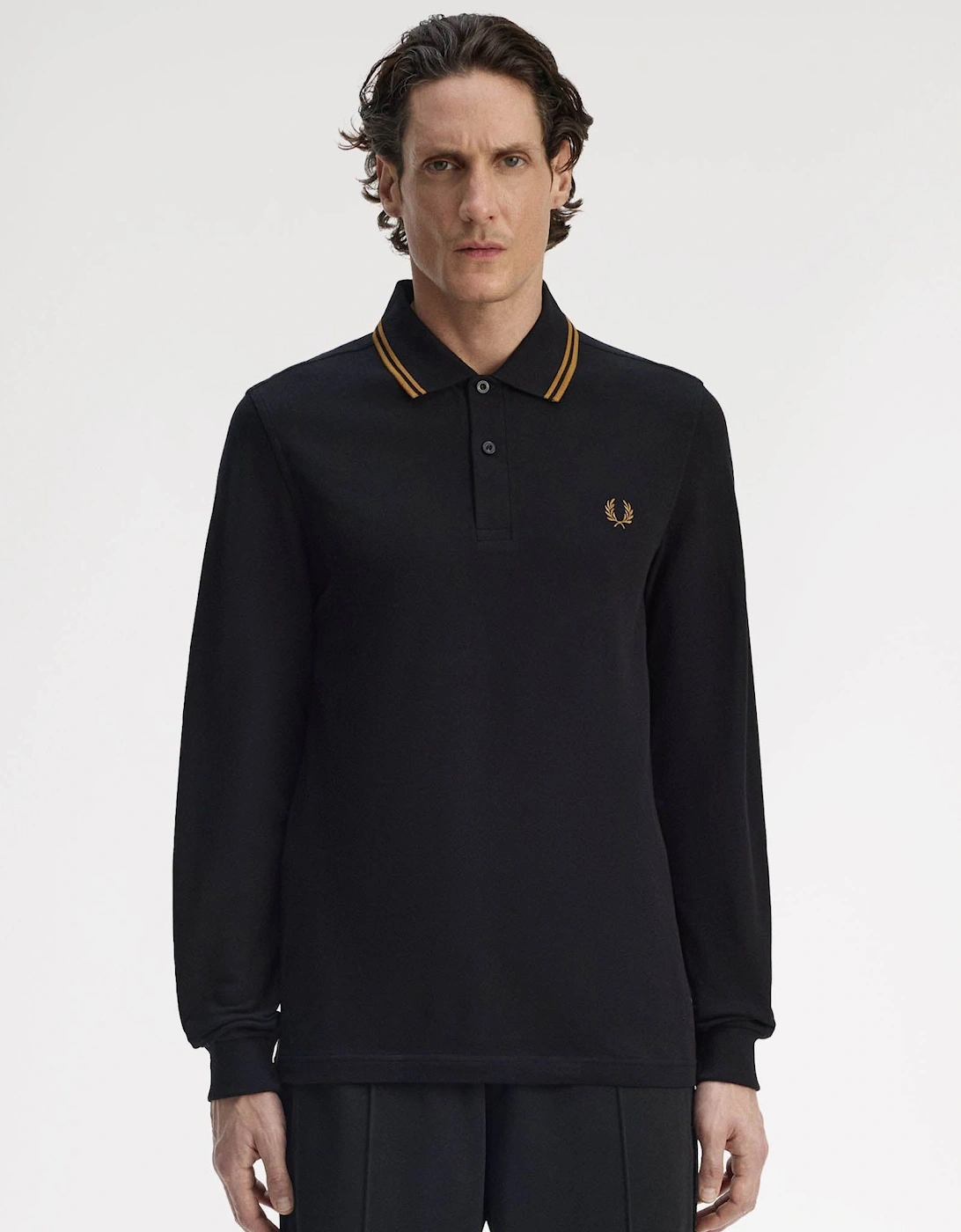 Mens Long Sleeve Twin Tipped Polo Shirt - Black/Shaded Stone S77, 6 of 5