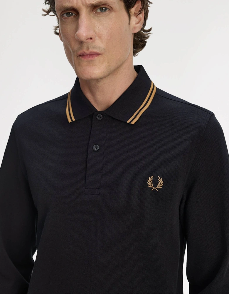 Mens Long Sleeve Twin Tipped Polo Shirt - Black/Shaded Stone S77