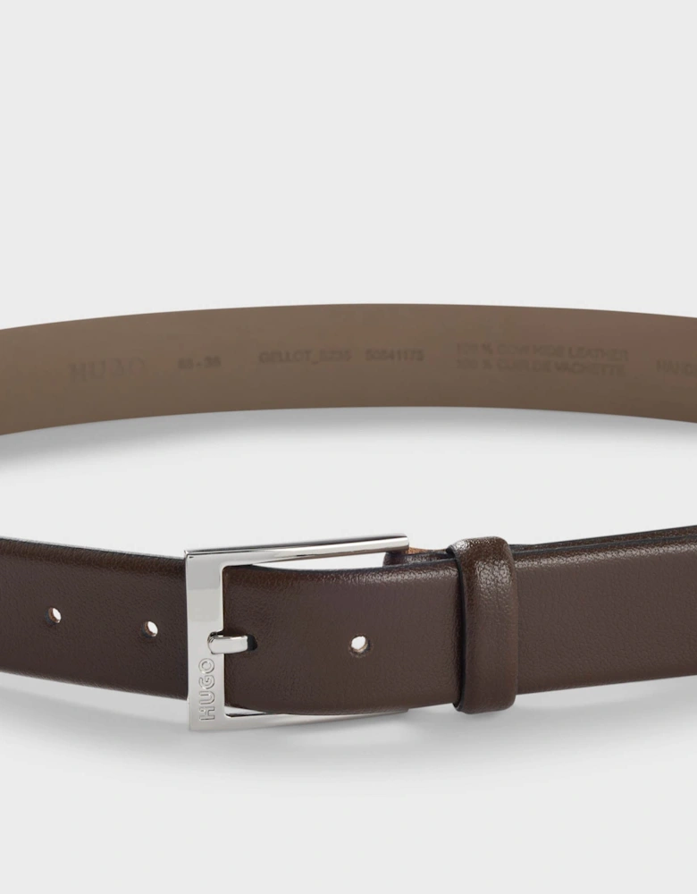 HUGO Gellot Mens Grained-Leather Belt with Logo Engraved Buckle - Dark Brown 202