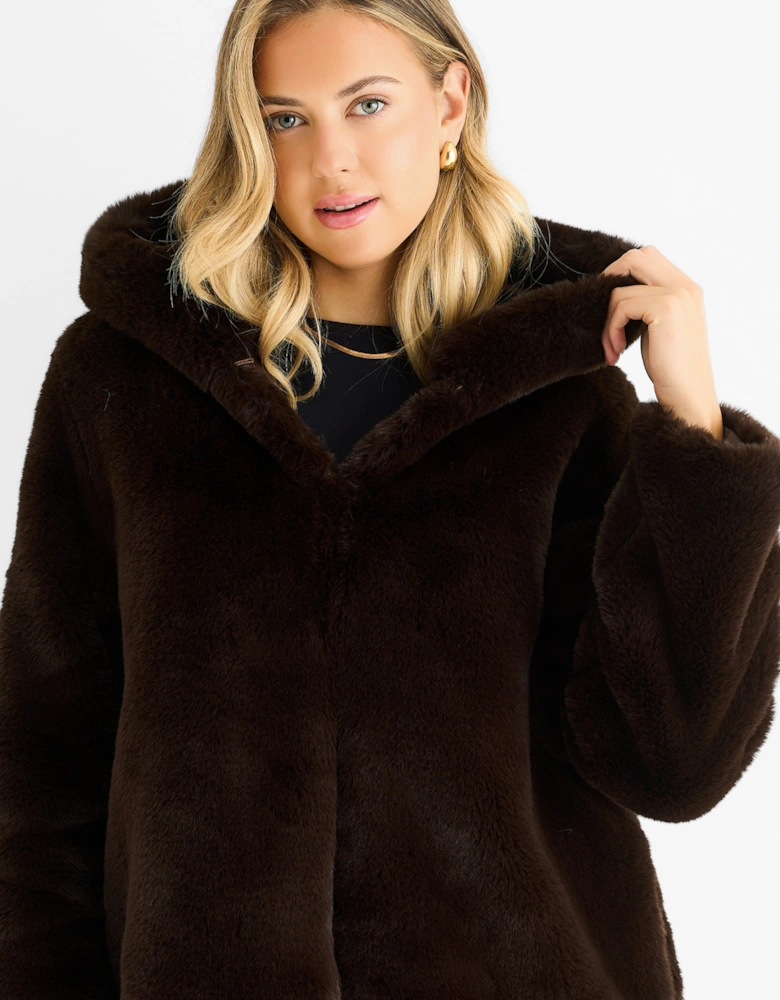 Chocolate Hooded Long Sleeve Faux Fur Jacket
