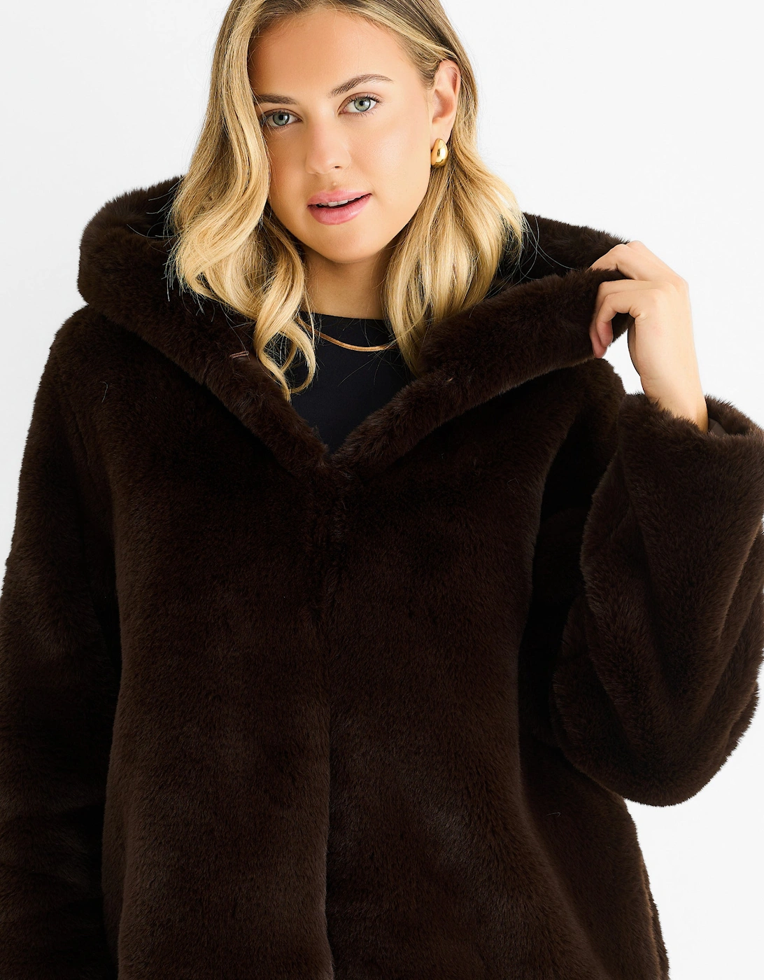 Chocolate Hooded Long Sleeve Faux Fur Jacket, 5 of 4