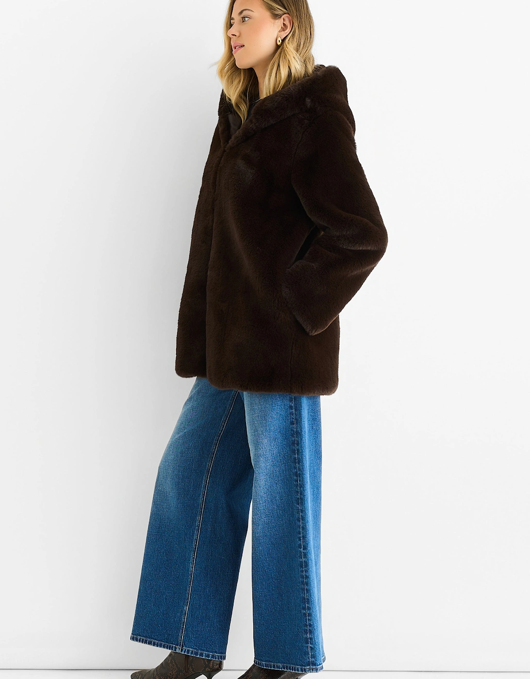 Chocolate Hooded Long Sleeve Faux Fur Jacket