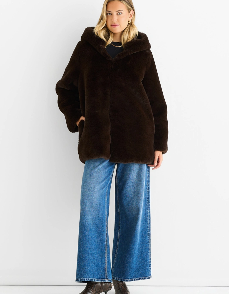 Chocolate Hooded Long Sleeve Faux Fur Jacket