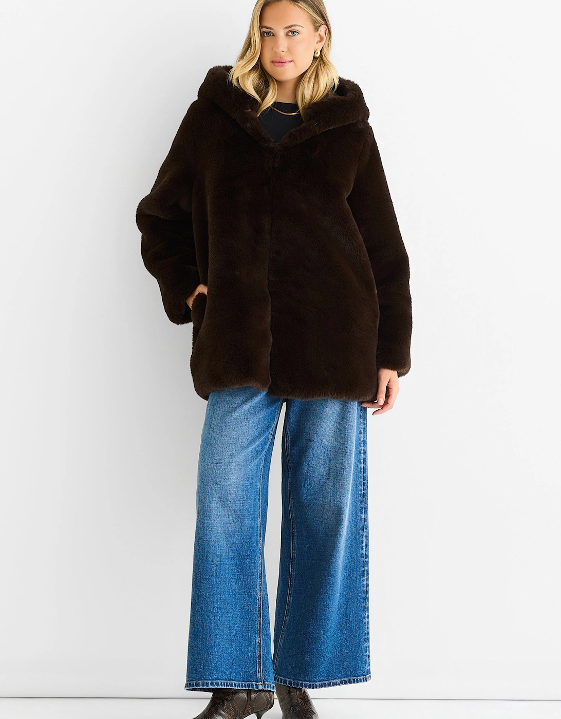 Chocolate Hooded Long Sleeve Faux Fur Jacket