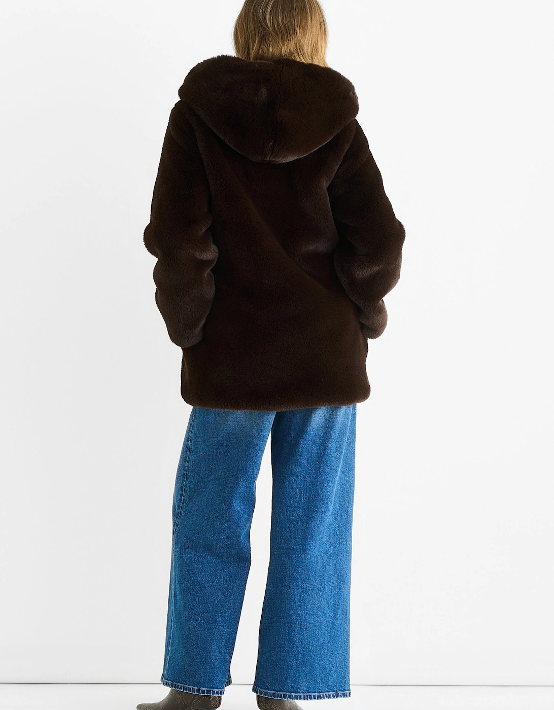Chocolate Hooded Long Sleeve Faux Fur Jacket