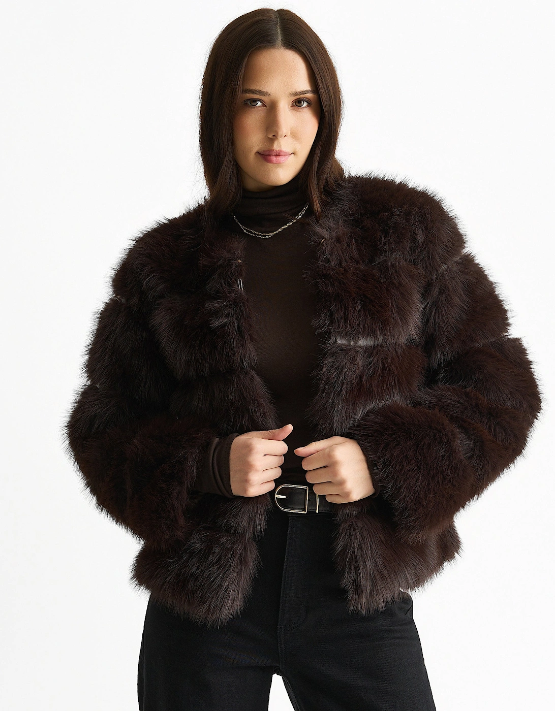 Gini London Women's Brown Chocolate Soft Touch Fur Jacket - Size 10/12