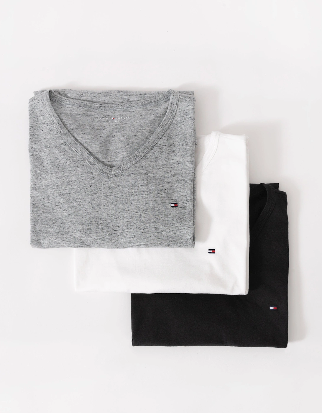 Men's Tommy Hilfiger 3 Pack Mens V-Neck T-Shirts - Black/White/Mid Grey Heather - Size: 38