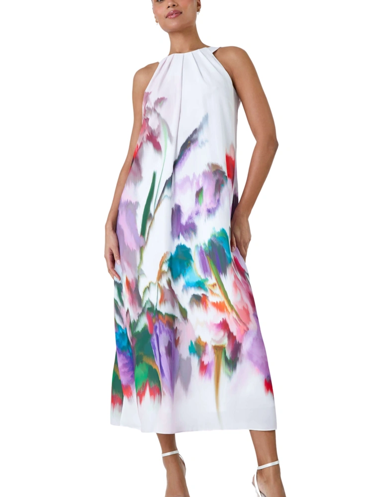 Abstract Floral Pleat Detail Trapeze Dress