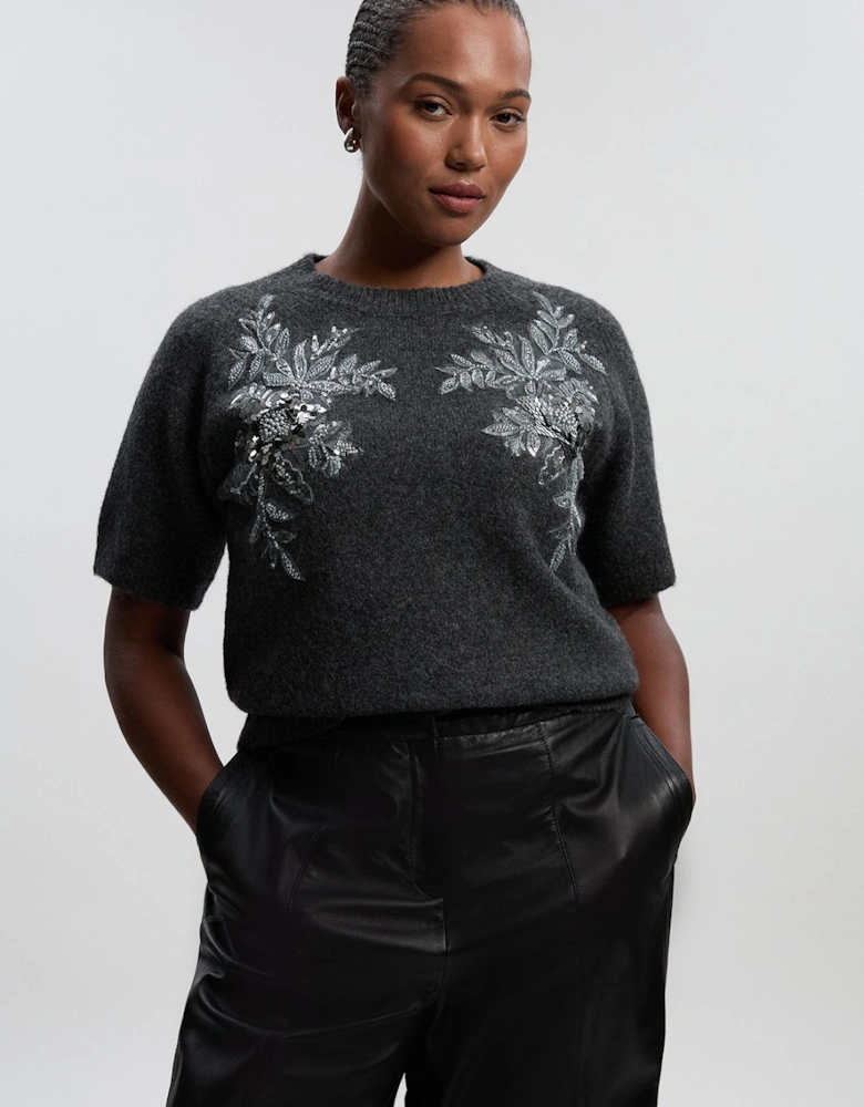 Plus Size Archive Floral Embellished Cosy Wool Blend Top