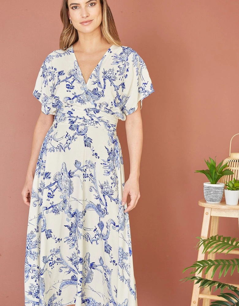 Blue And White Print Ruched Waist Kimono Midi Dress